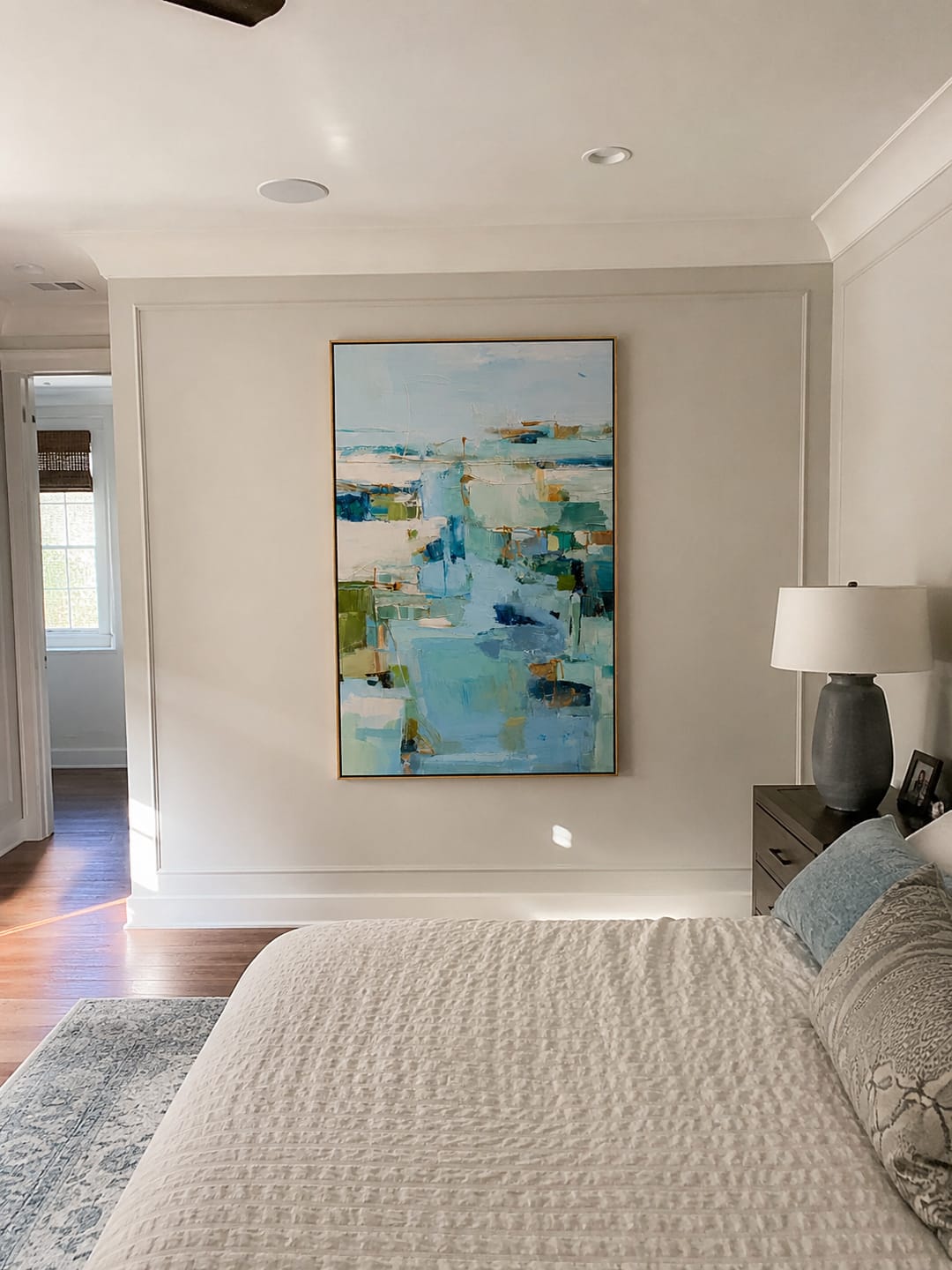 Customer photo review of "Aqua Passage" - Soft Abstract Seascape Painting | Blue Green Vertical Contemporary Wall Art