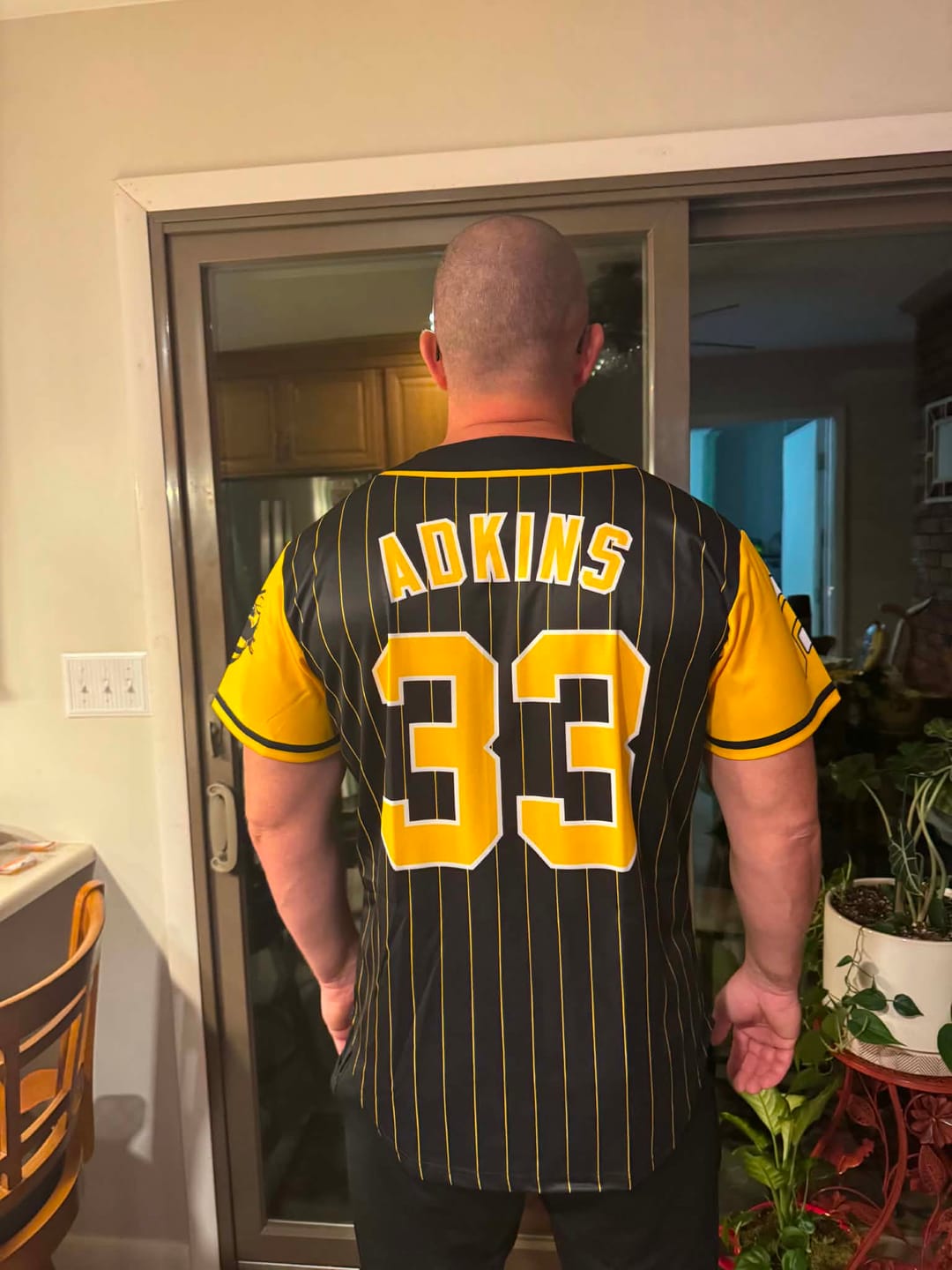 Customer photo review of Custom Black Gold Stripe Fashion Raglan Sleeves Authentic Baseball Jersey