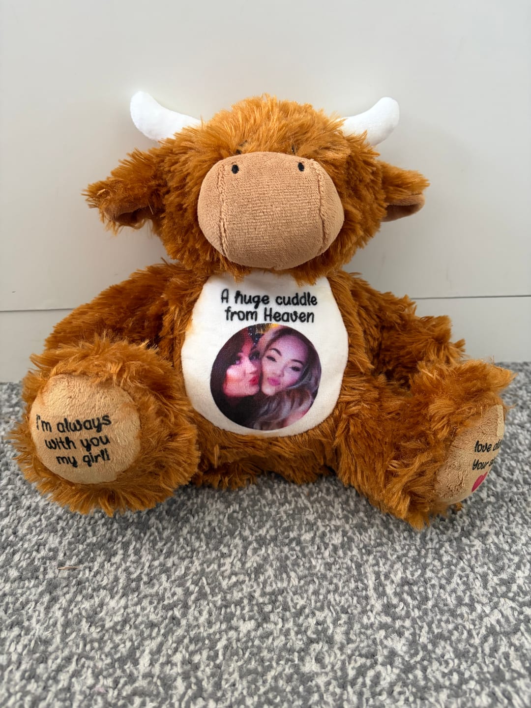 Customer photo review of Design a Personalised Highland Cow Teddy – Add Your Photo, Name or Message