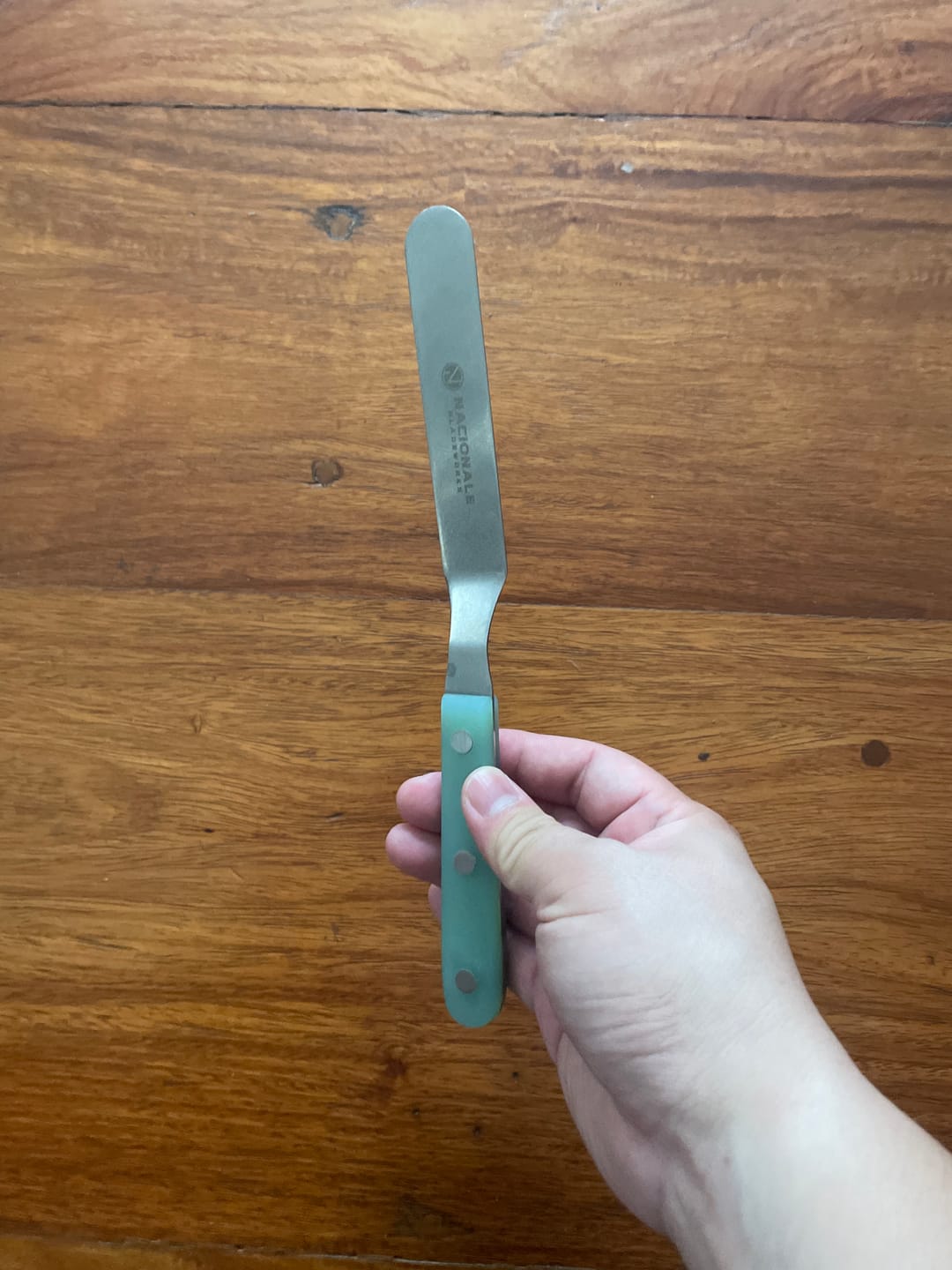 Customer photo review of Nacionale Full Tang Offset Spatula. Jade Handle. Stonewashed Finish