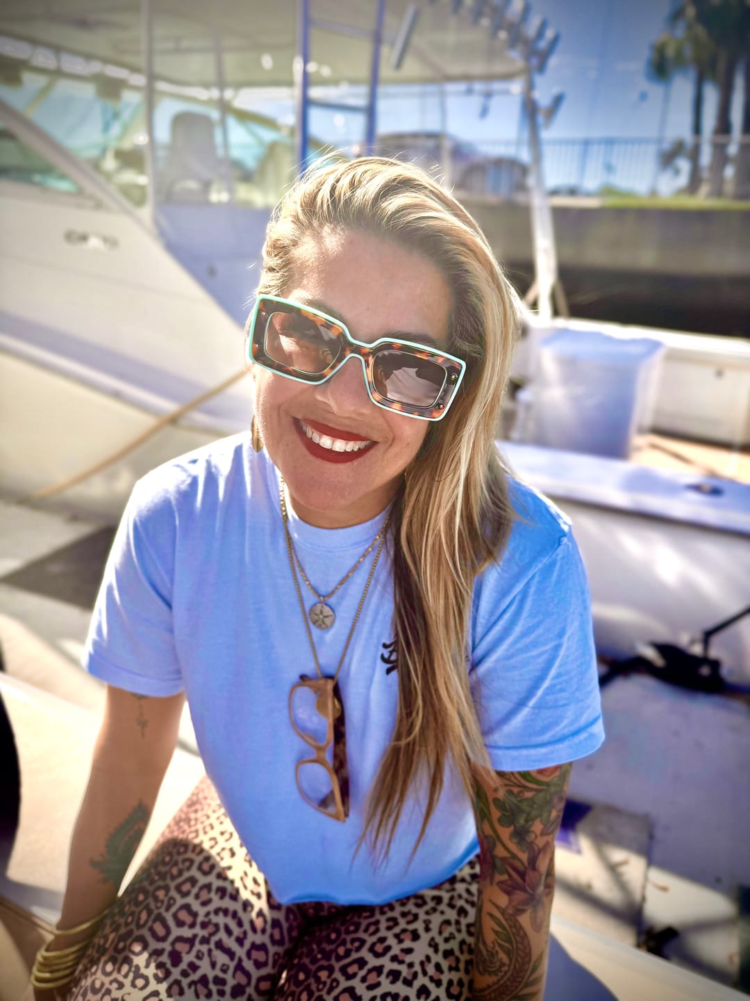 Customer photo review of Deco Sunglasses Chartreuse + Sky Blue