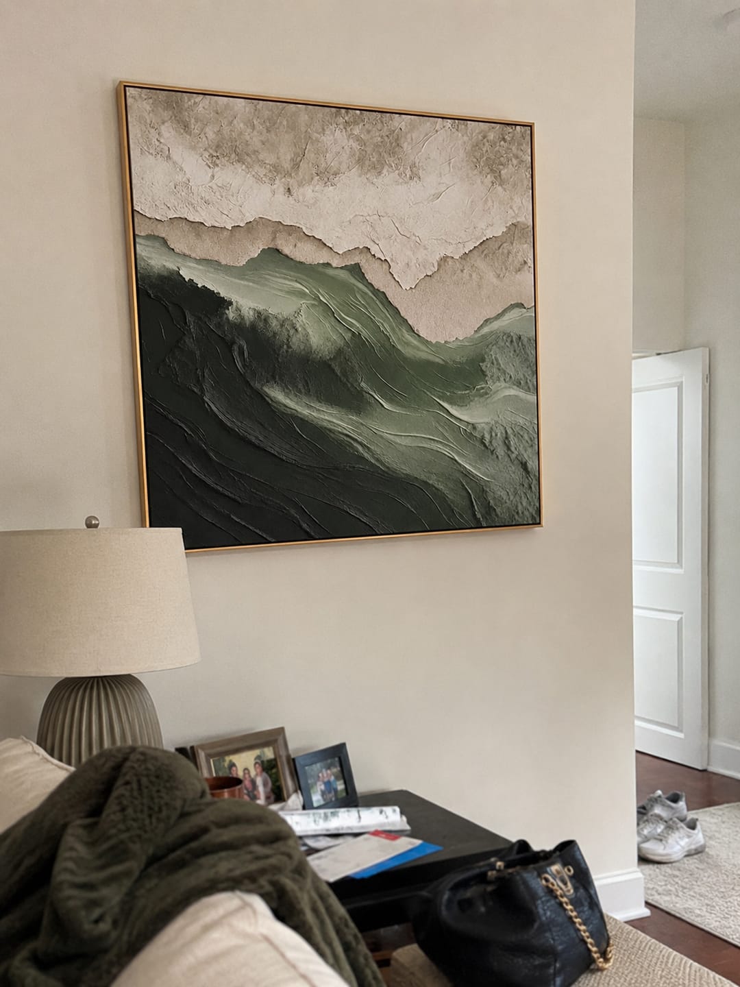 Customer photo review of "Forest Ridge" - 3D Wabi-Sabi Mountain Relief | Green Beige & White Square Textured Art