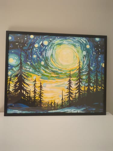 Customer's completed Winter Night paint by numbers project featuring a serene landscape in a black frame.