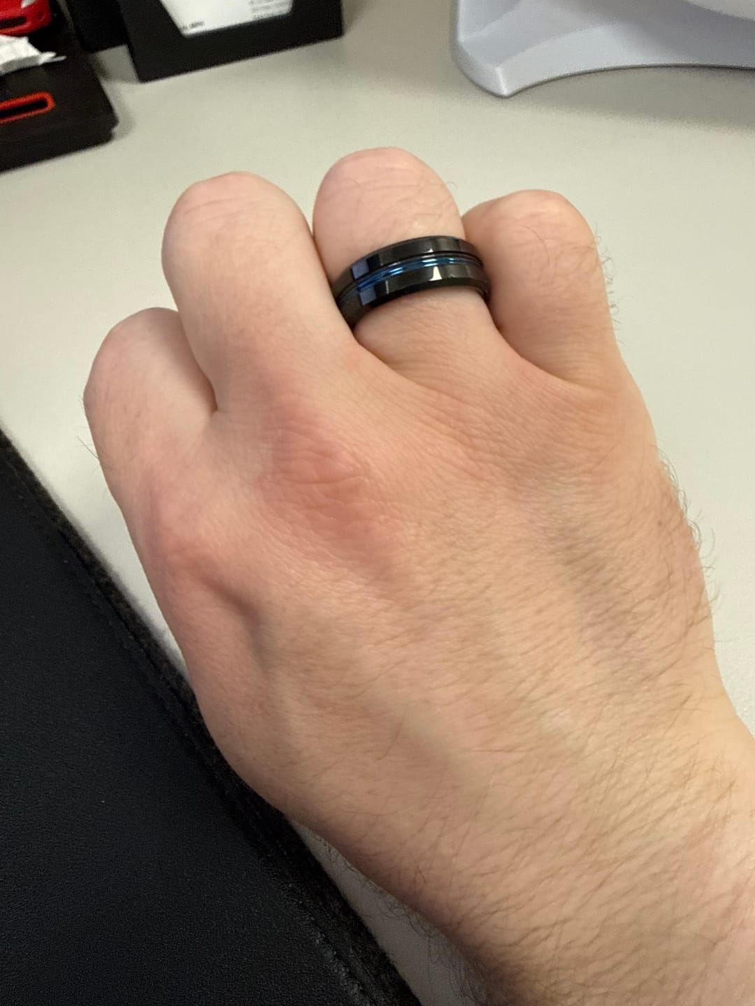 Customer photo review of 8mm Black Tungsten Carbide Wedding Band with Blue Center Groove