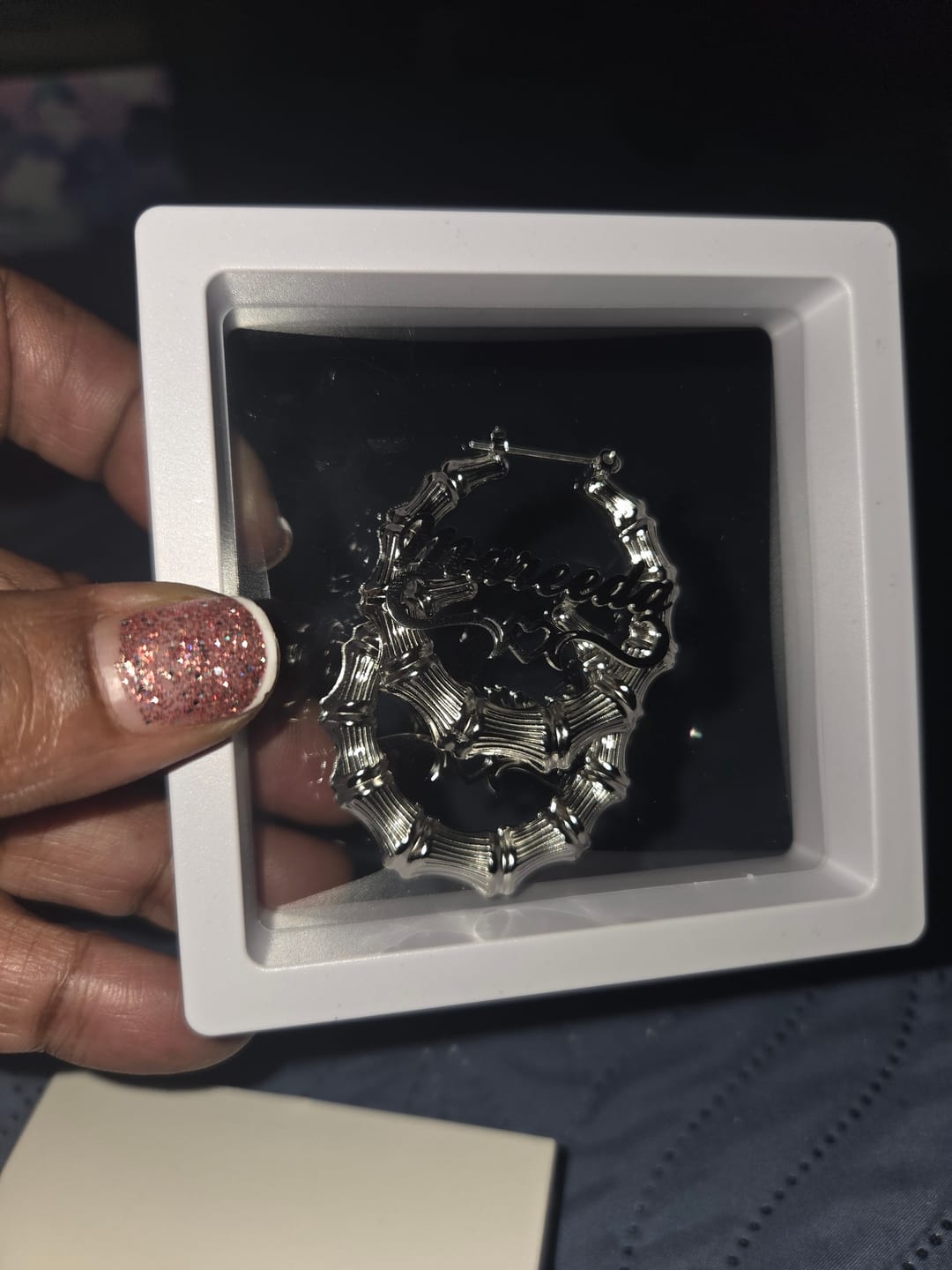 Customer photo review of Heart Outline Bamboo Name Hoop Earrings