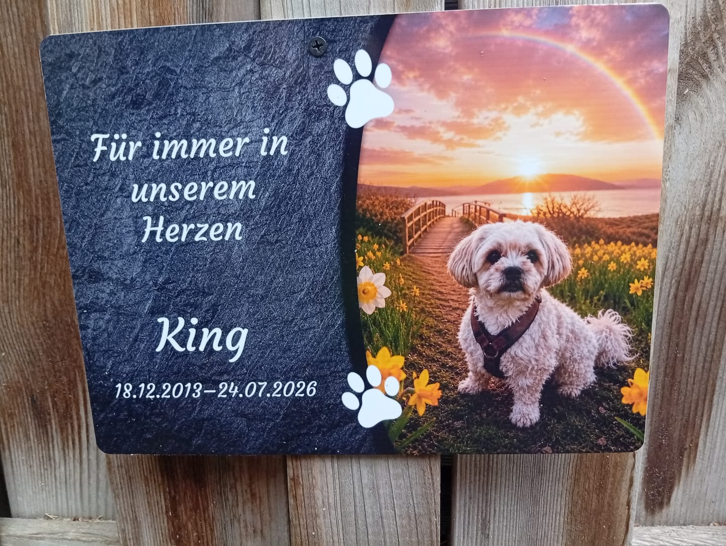 Customer photo review of Hunde Gedenktafel mit Foto & Spruch (UV- & Wetterfest)