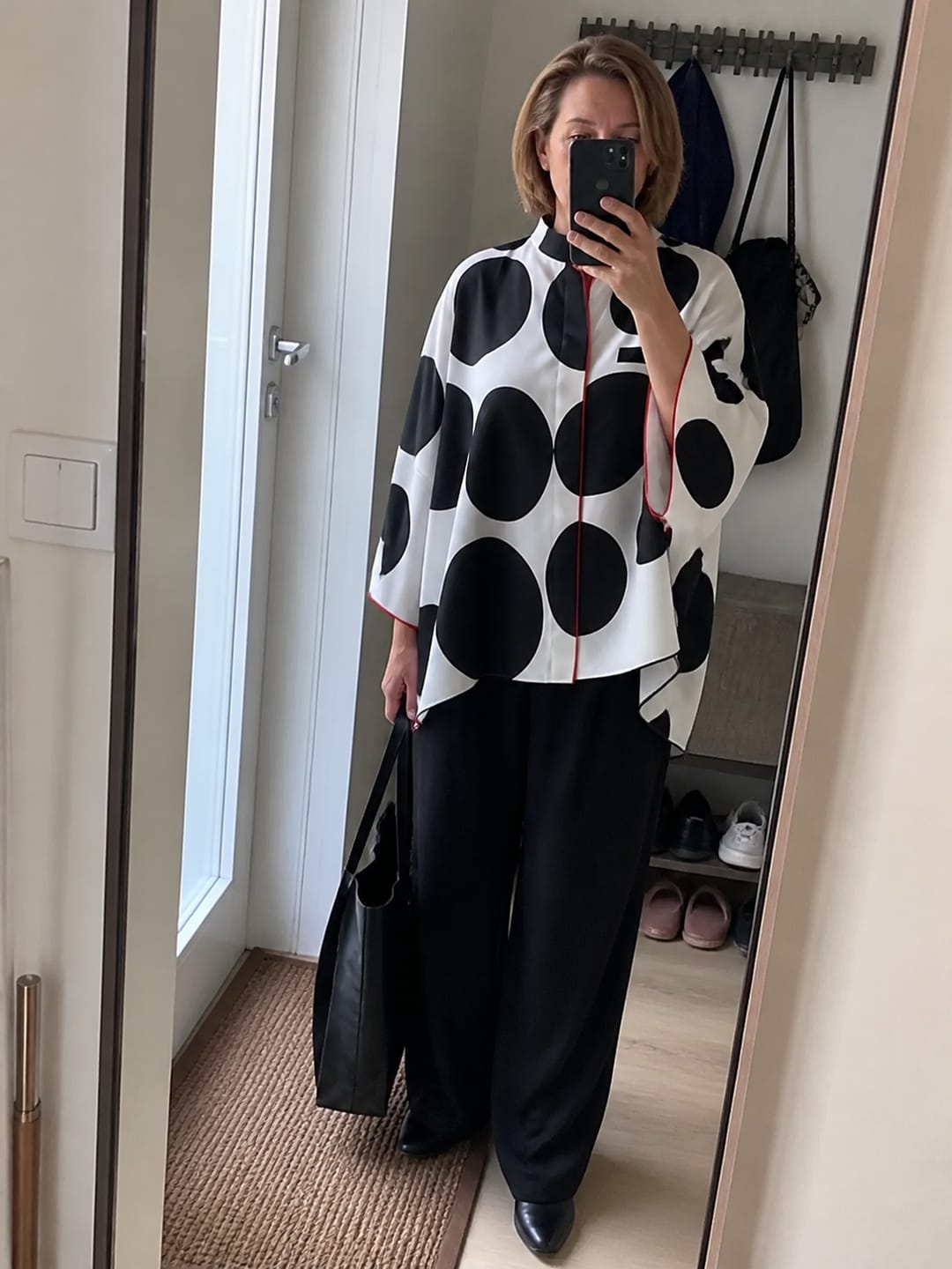 Customer photo review of Polka-Dot Contrast Color Three-quarter Sleeves Loose Stand Collar Blouses&shirts Tops