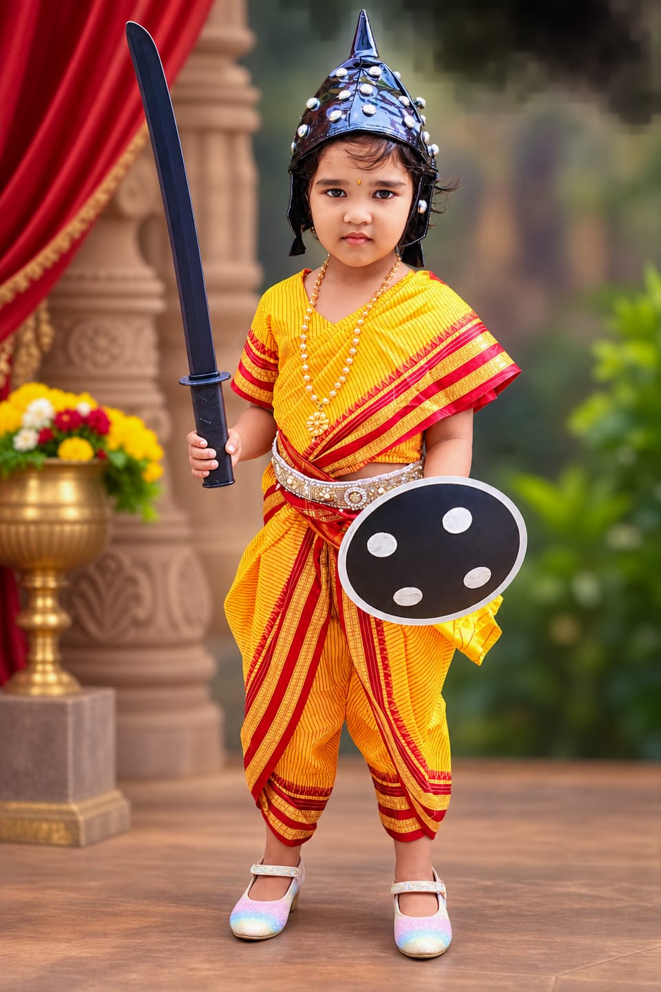 Customer photo review of Fancydresswale Rani Laxmibai Costume Set – Yellow Traditional Warrior Dress for Girls with Sword, Shield & Cap