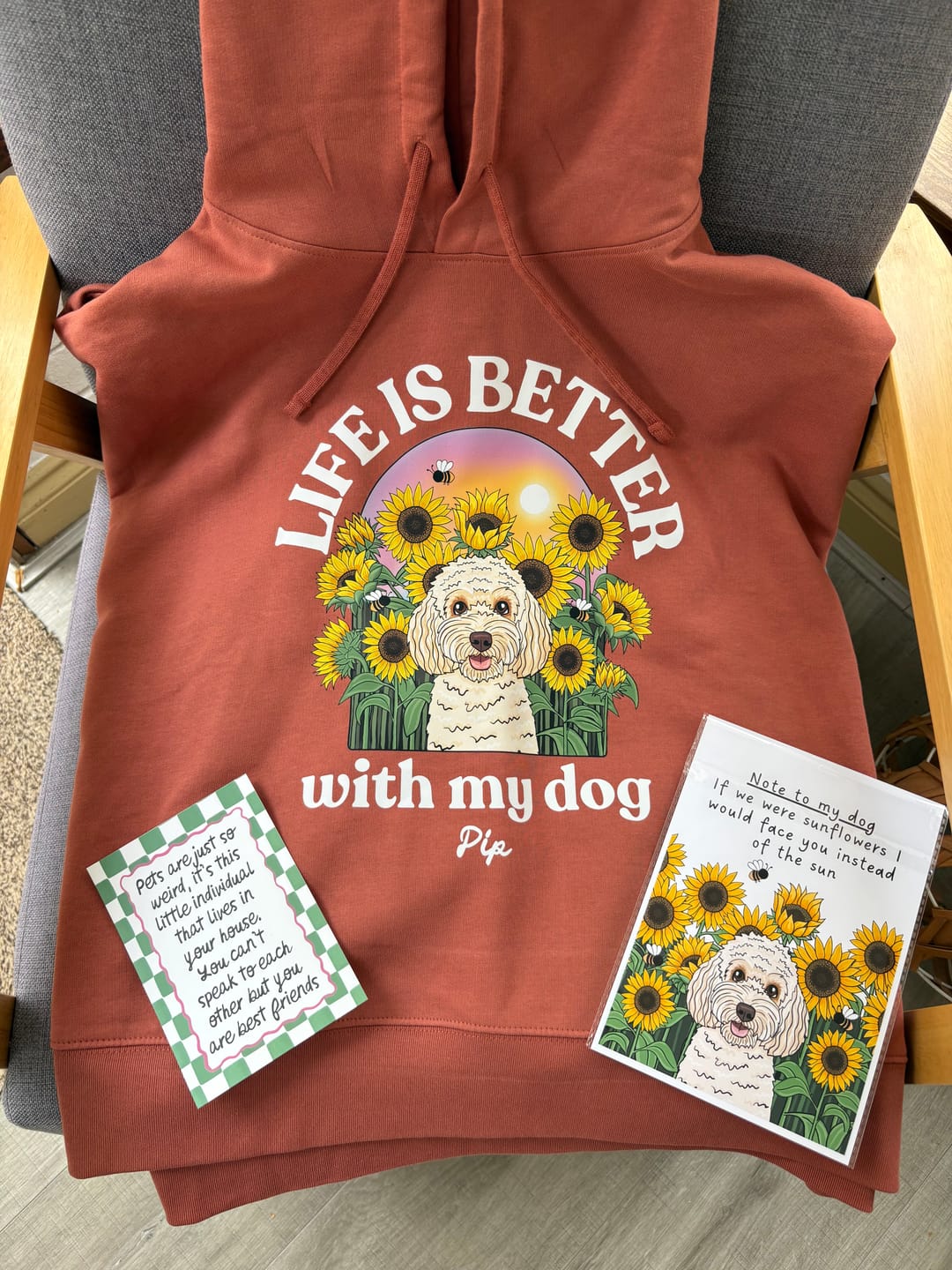 Customer photo review of Personalised Sunflower Boxy Hoody | Life is Better With My Dog