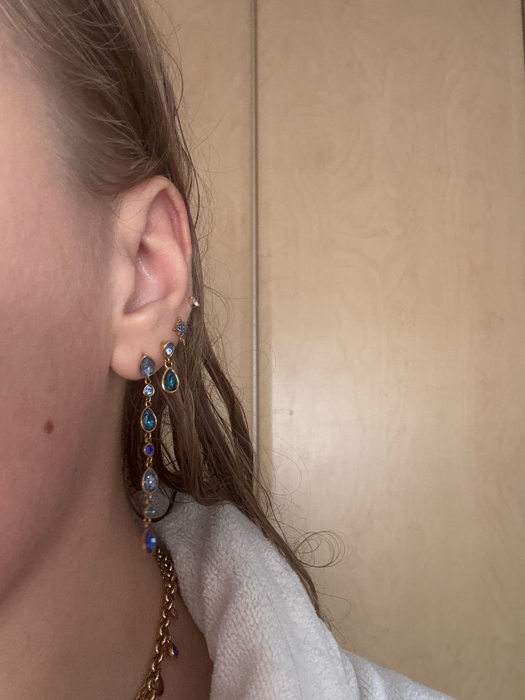 Customer photo review of Freya Gold Blue Droplet Statement Stud Earrings