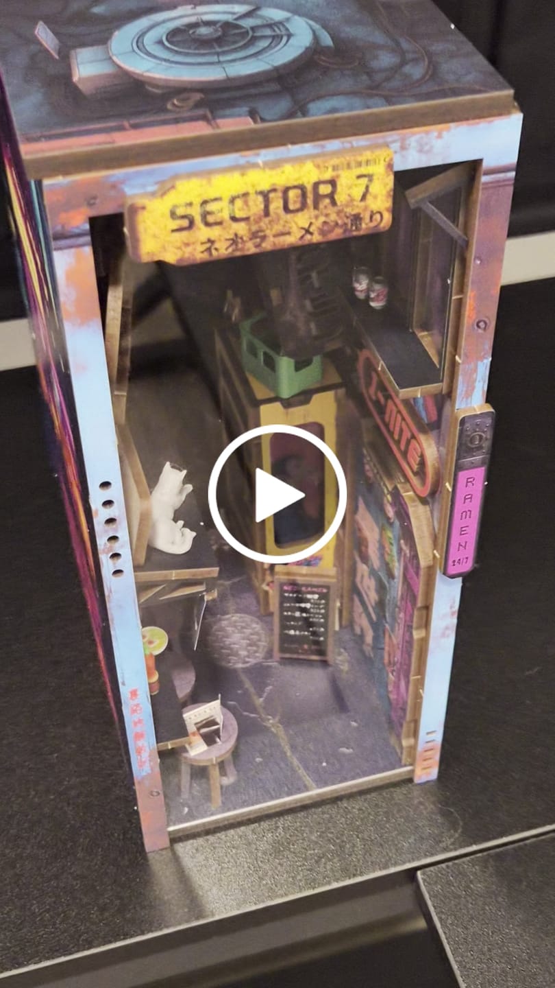 Customer video review of Neon Ramen MiniAlley Cyberpunk DIY Book Nook Kit, Scale Model Kit,  Japanese Ramen Shop Miniature Scene