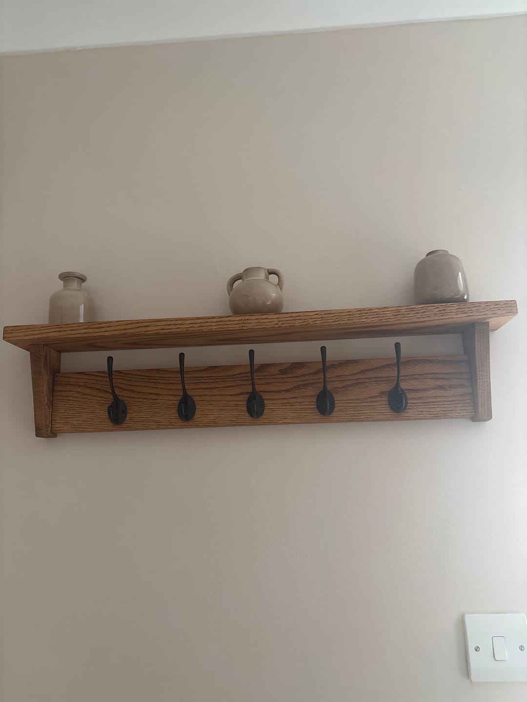 Customer photo review of Solid Oak Coat Rack With Storage Shelf