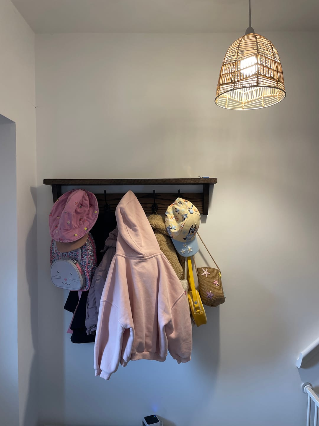 Customer photo review of Solid Oak Coat Rack With Storage Shelf