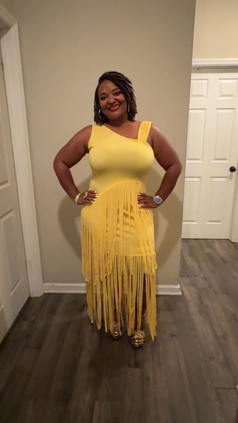 Customer photo review of Solid Sleeveless Fringe Dress