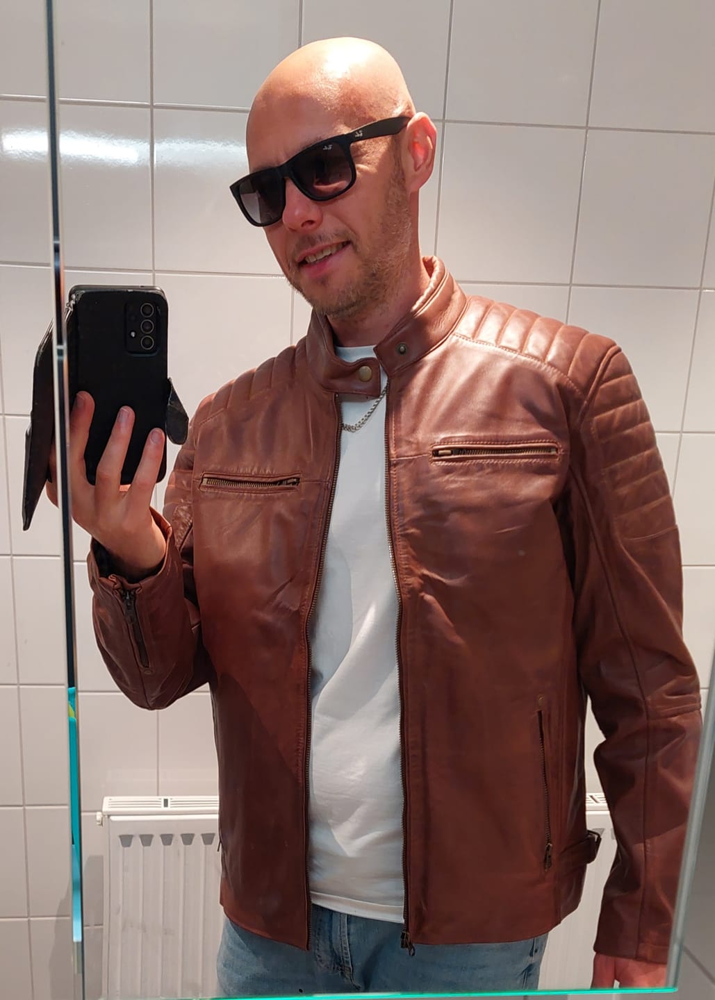 Customer photo review of Mens Cognac Brown Cafe Racer Style Leather Jacket