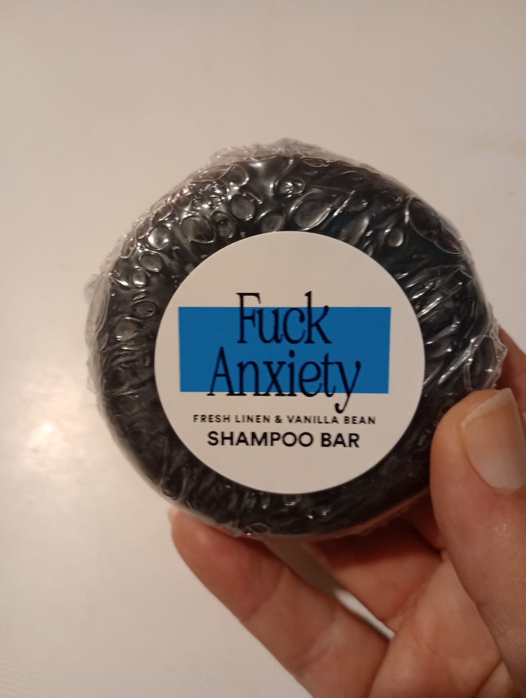 Customer photo review of Fuck Anxiety Shampoo Bar