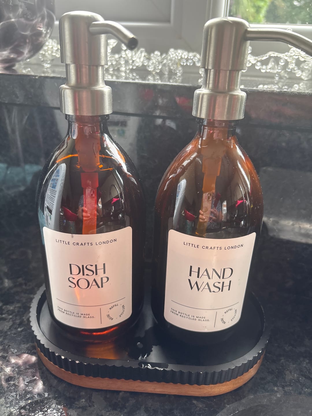 Customer photo review of 500ml Amber Glass Bottle with Metal Pump White Label