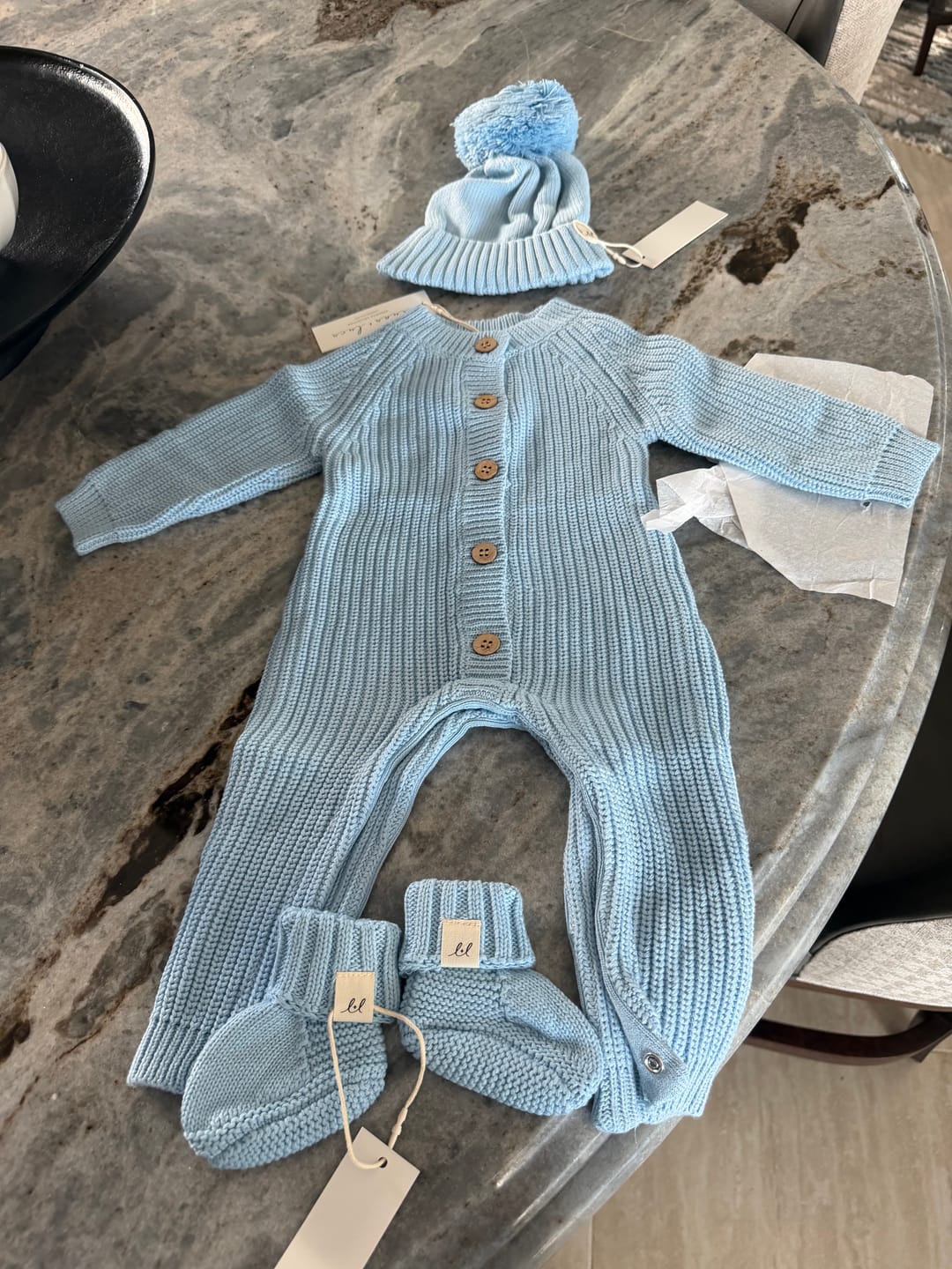 Customer photo review of Classic Chunky Knit Jumpsuit - Powder Blue