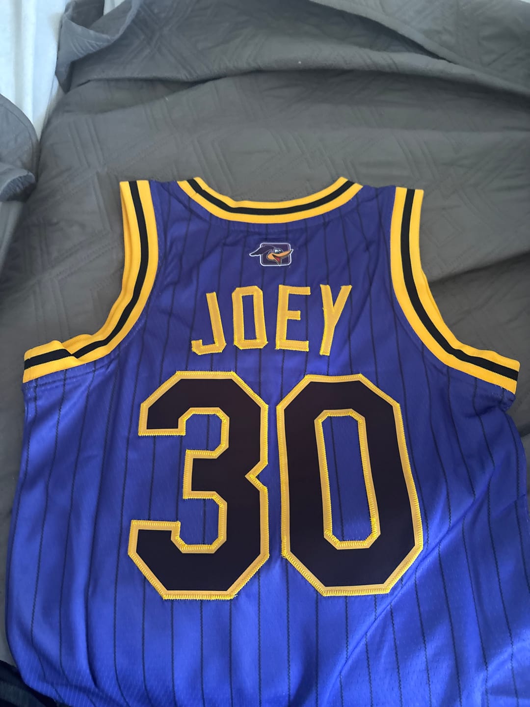 Customer photo review of Custom Purple Black Pinstripe Black-Gold Authentic Basketball Jersey