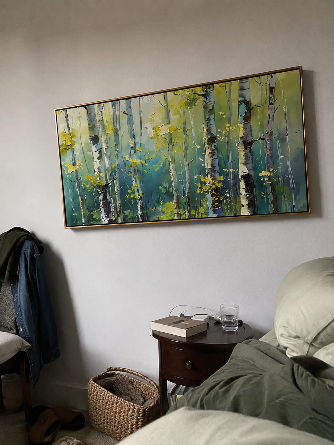 Customer photo review of "Birch Light" - Colorful Birch Forest Painting | Green Blue & Yellow Woodland Wall Art