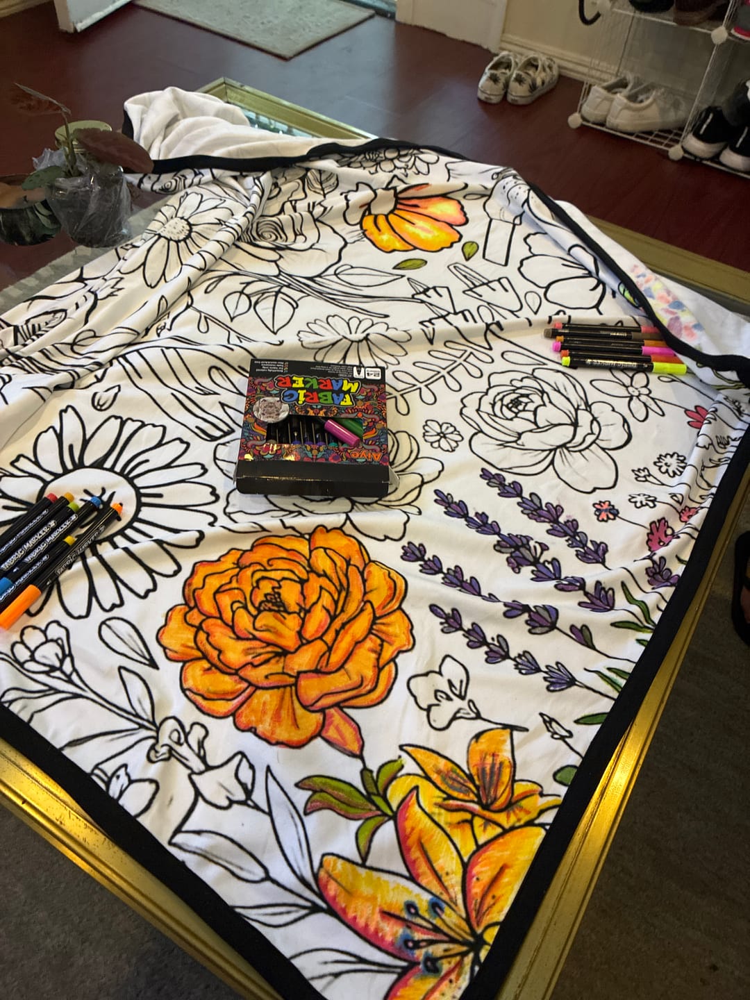 Customer photo review of DIY Drawing Blanket with 24 Colors Markers, Doodle Your Own Blankets, Customizable Washable Paint & Play Blankets for Adults