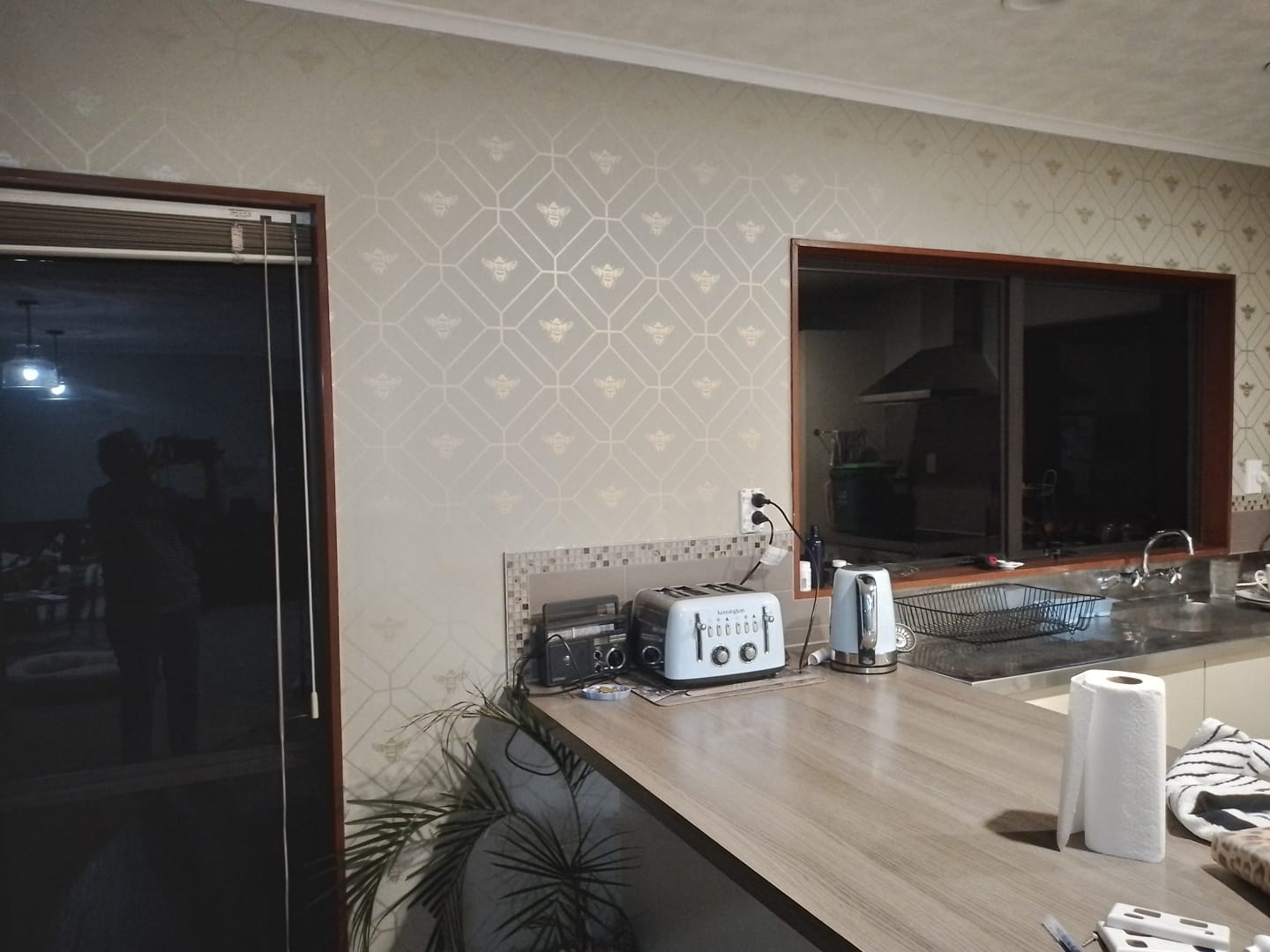 Customer photo review of Honeycomb Bee Geometric Metallic Wallpaper – Sage Green