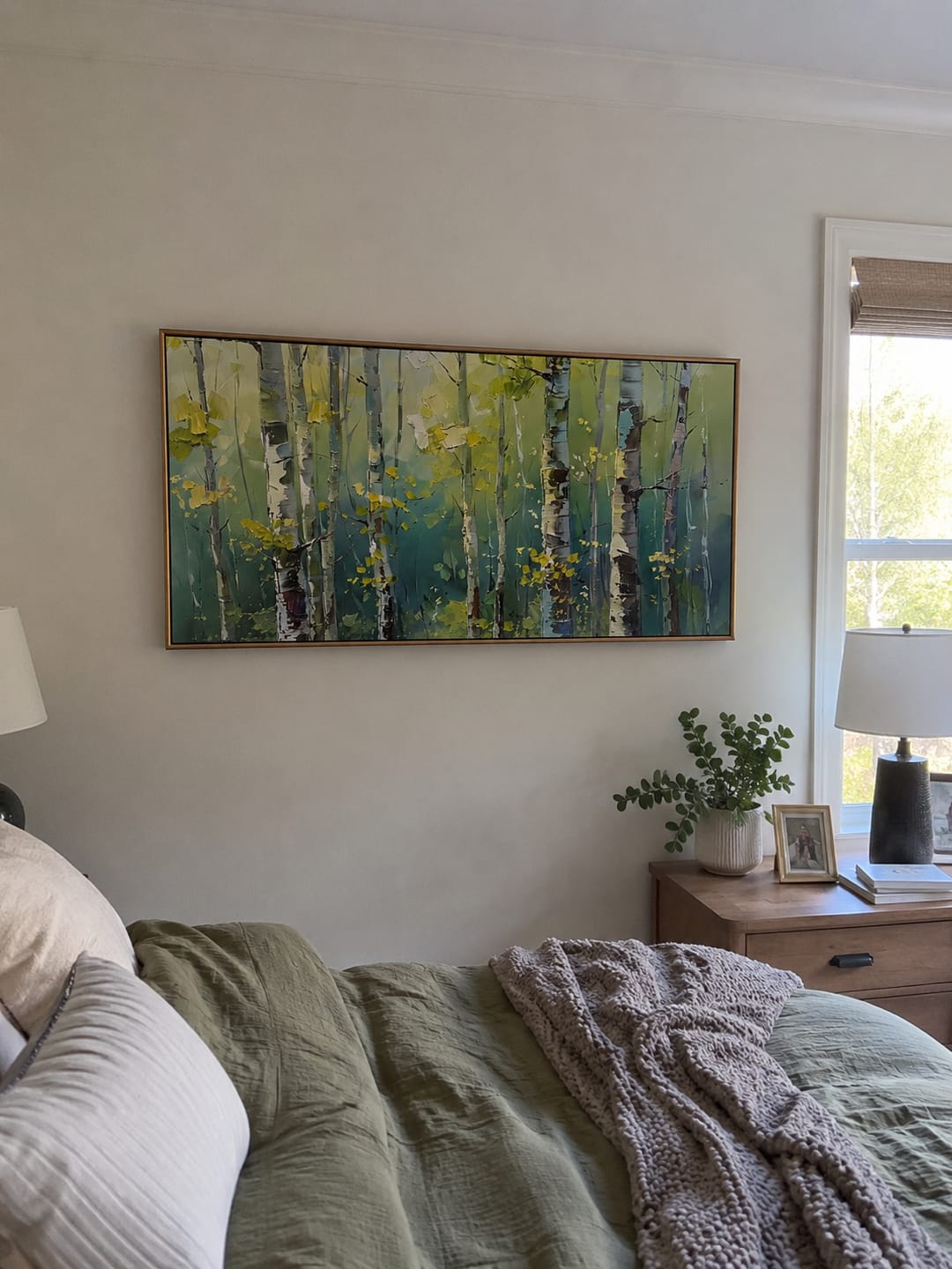 Customer photo review of "Birch Light" - Colorful Birch Forest Painting | Green Blue & Yellow Woodland Wall Art