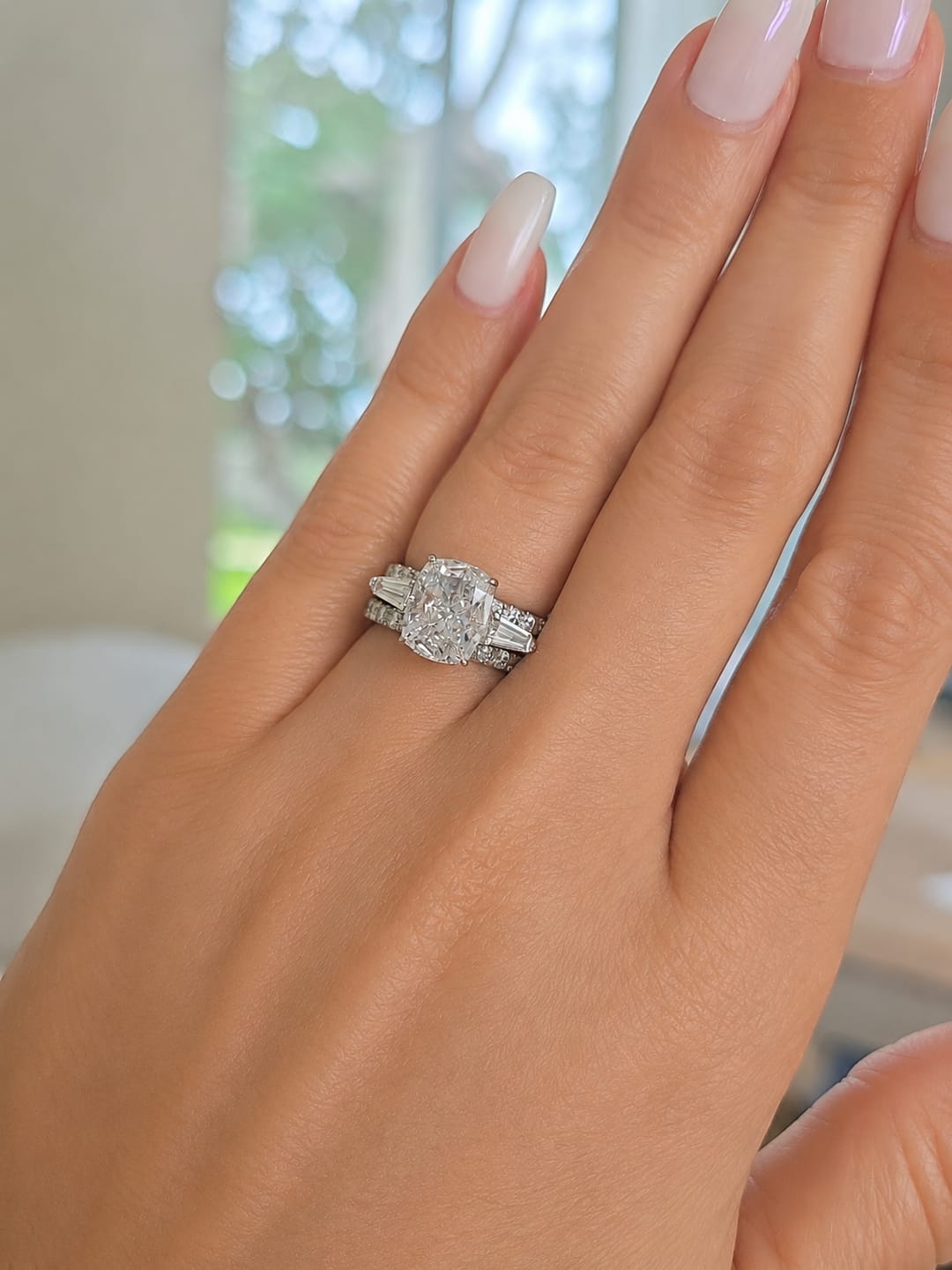 Customer photo review of Louily Exquisite White Gold Cushion Cut Three Stone Engagement Ring In Sterling Silver
