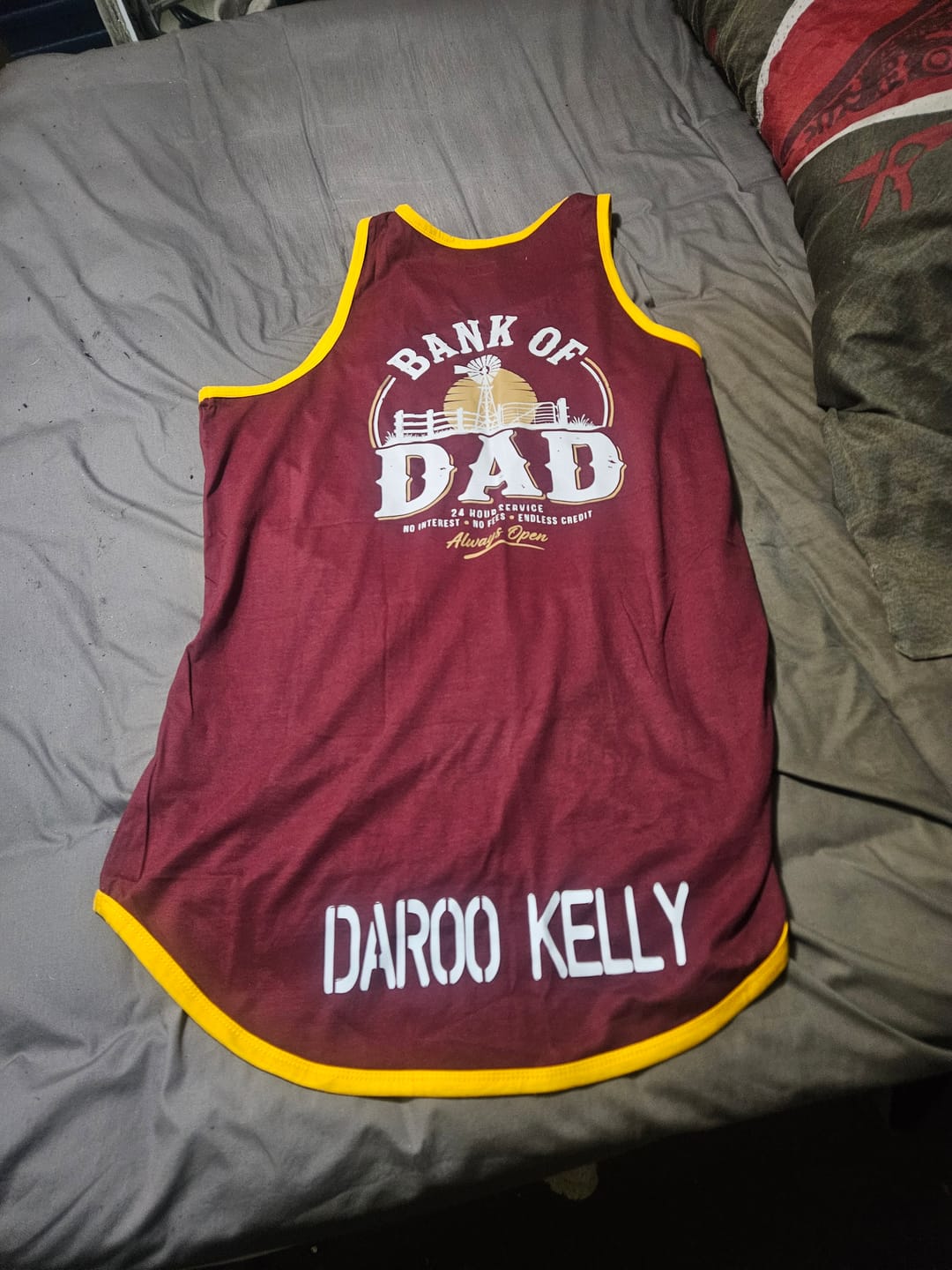 Customer photo review of Bank Of Dad - Maroon with Gold Trim Shearing Singlet