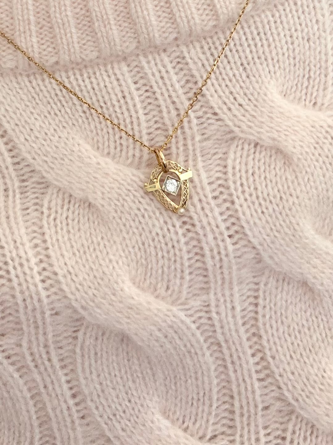 Customer photo review of Antique Art Deco 14k Yellow Gold Old European Cut Diamond Pearl Slide Pendant