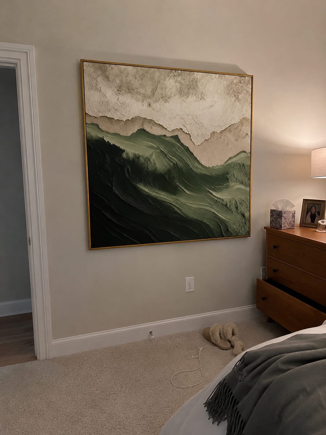Customer photo review of "Forest Ridge" - 3D Wabi-Sabi Mountain Relief | Green Beige & White Square Textured Art