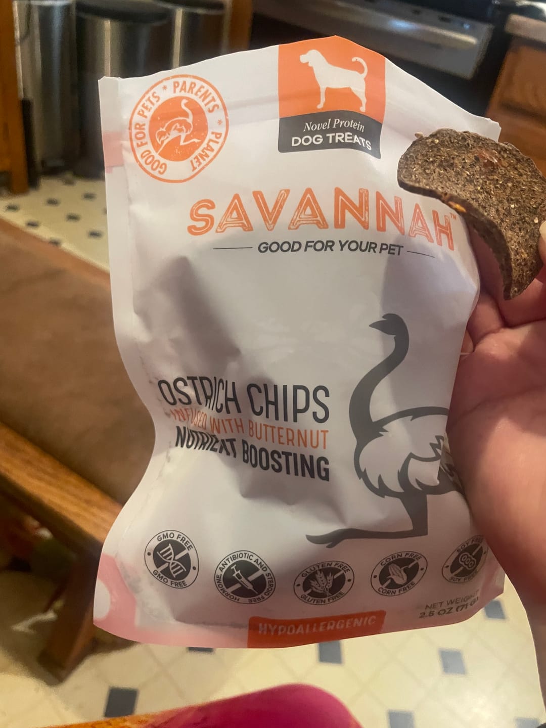 Customer photo review of Ostrich Chips with Butternut (2.5oz): The Flavorful, Hypoallergenic Treat for Dogs with Sensitive Stomachs