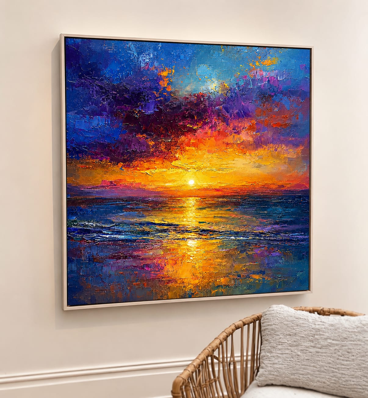 Customer photo review of "Sunset Reverie" – Colorful Ocean Sunset Textured Oil Painting