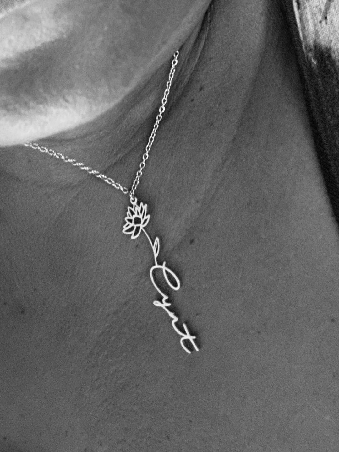 Customer photo review of Birth Flower Name Necklace