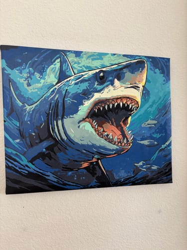 Customer's The Great White paint-by-numbers canvas showing a detailed shark in attacking pose.