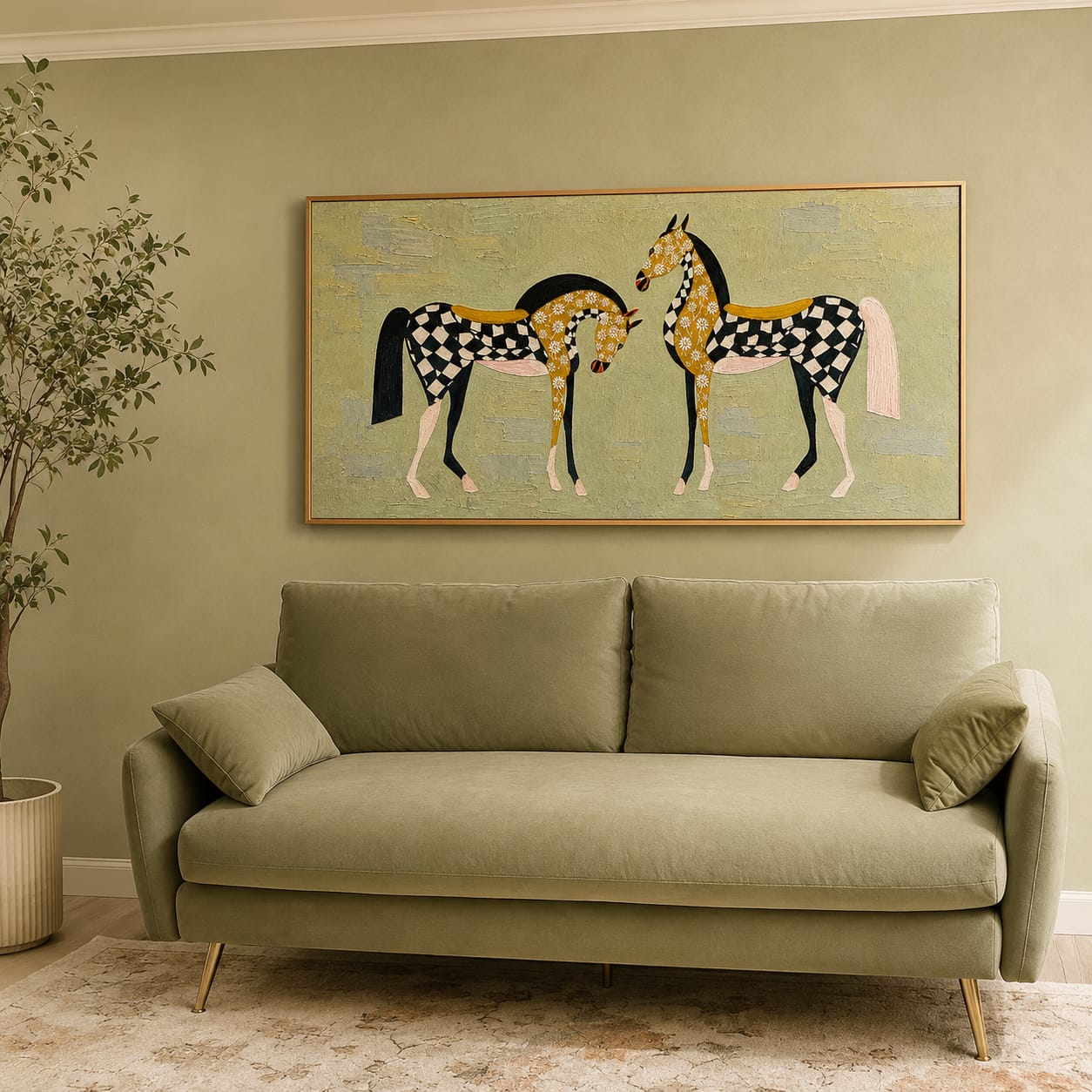Customer photo review of “Checkered Meadow Horses” – Whimsical Folk Horse Impasto Oil Painting