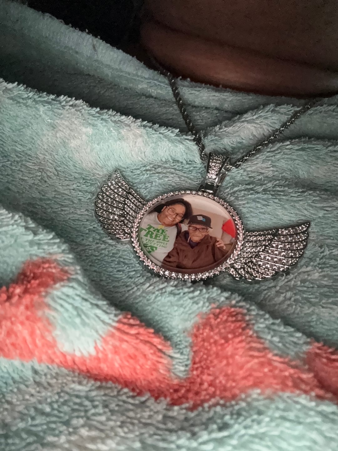 Customer photo review of Diamond Studded Angel Wing Photo Necklace