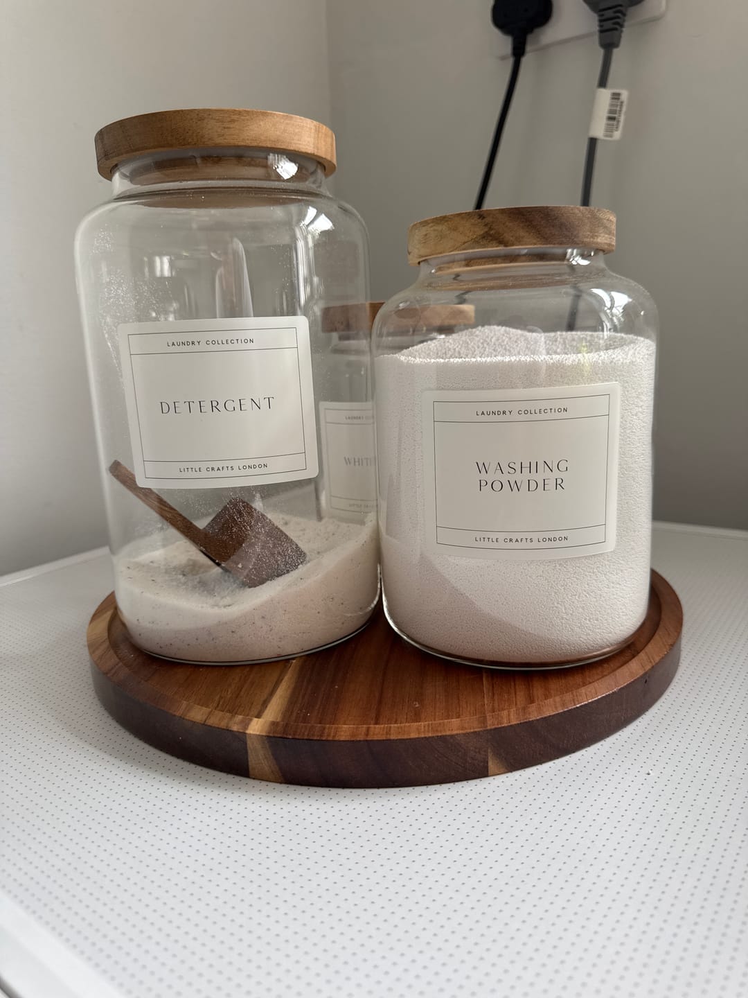 Customer photo review of Set of 3 Acacia Large Laundry Jars & Round Acacia 31.5 CM Diameter Tray
