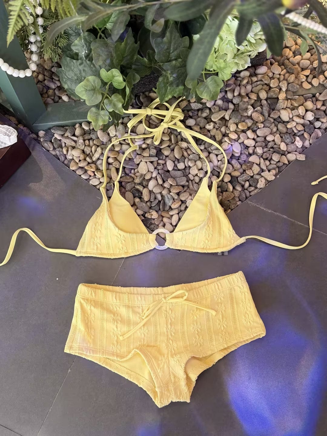 Customer photo review of Seamolly 3 Piece Floral Jacquard Textured O Ring Double Layer Cheeky Boyshort Bikini Set