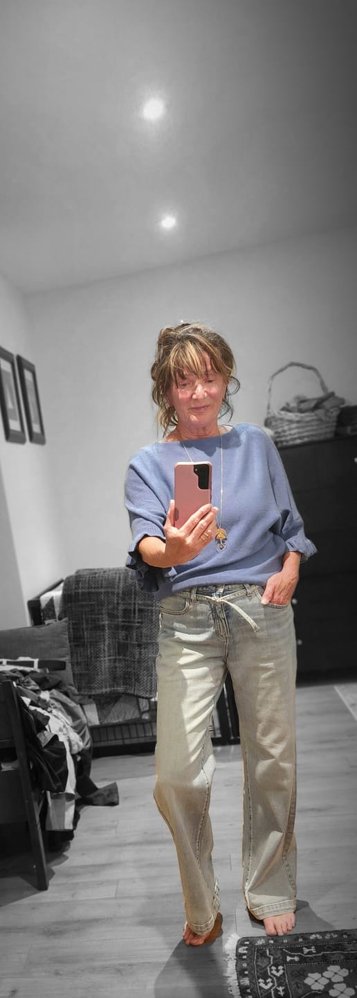 Customer photo review of Meo Knit Flutter Sweater (Denim)