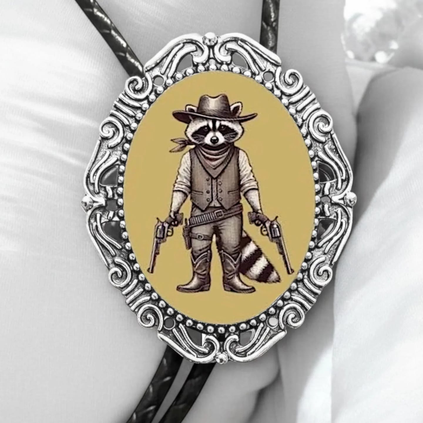 Customer photo review of Raccoon Bolo Tie — Yellow Gun Western Bolo Tie for Rustic Weddings