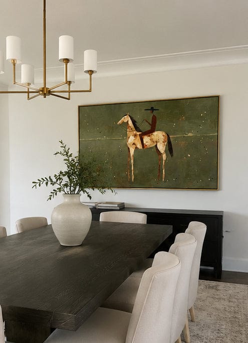 Customer photo review of Plains Rider – Vintage Americana Minimalist Cowboy on Horseback Painting | Western Modern Living Room Art