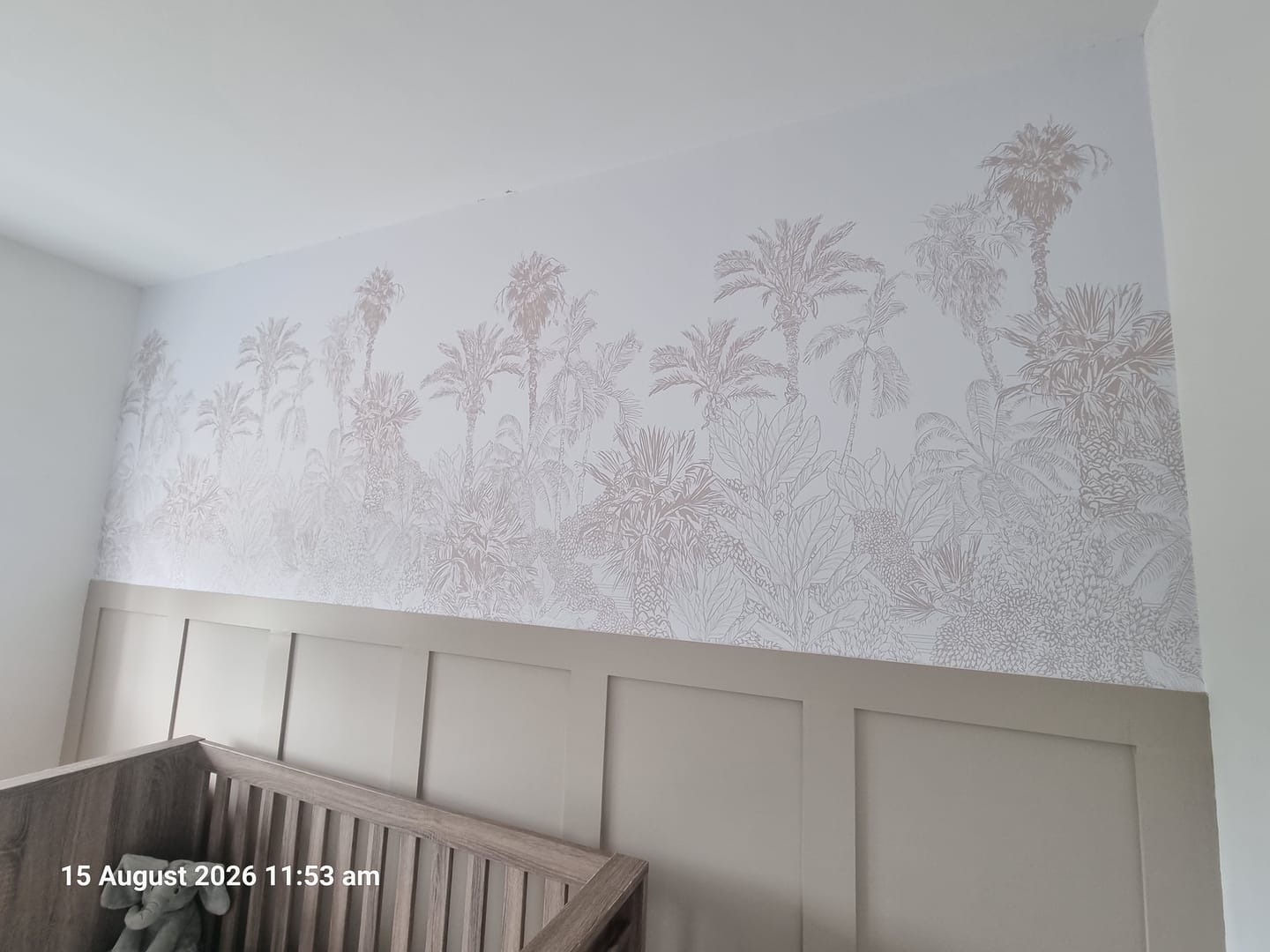 Customer photo review of Xynnelt - Beige Etched Tropical Jungle Trees Wallpaper Mural