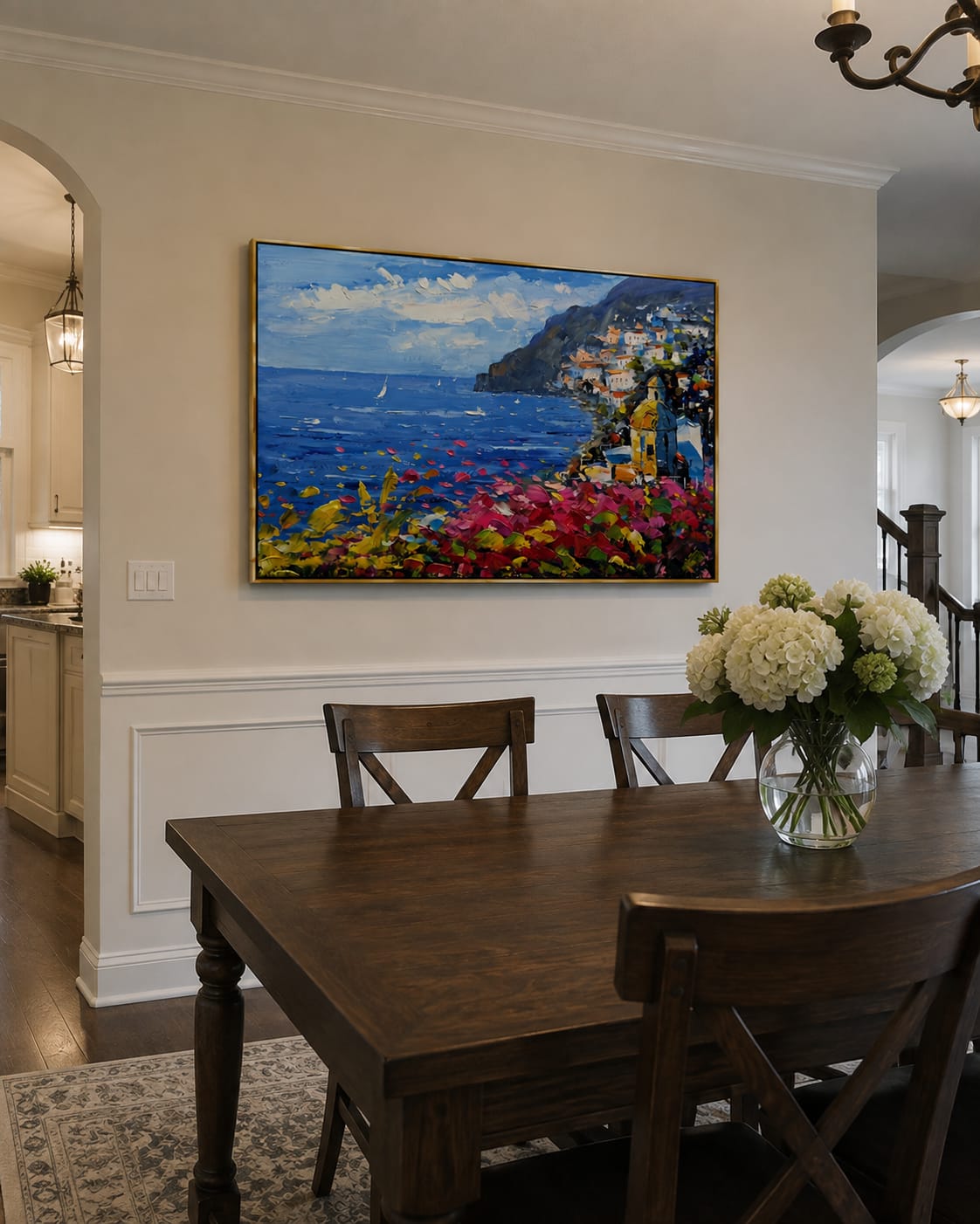 Customer photo review of Bougainvillea Cliffside Bay – Pink & Blue Coastal Village Painting | Coastal Living Room Wall Art