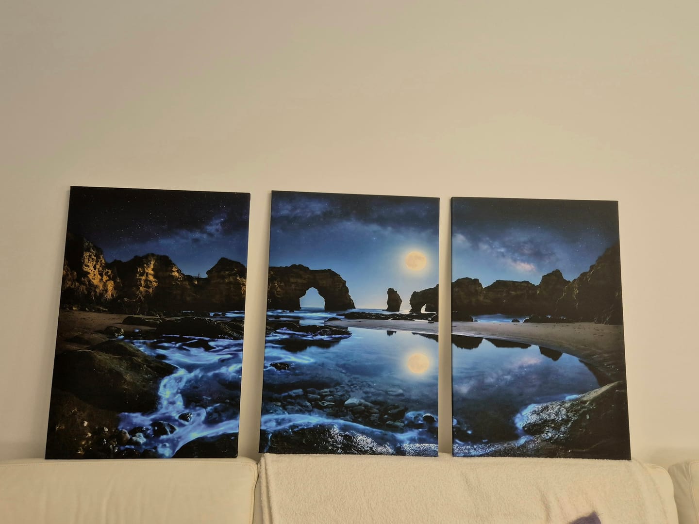 Customer photo review of Algarve Moonlit Bioluminescent Beach Triptych Canvas Wall Art | 3 Panel Set