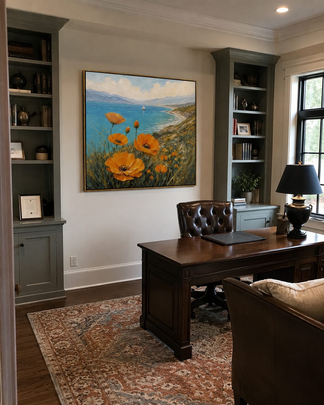 Customer photo review of Sail Beyond Poppy Fields – Orange & Blue Coastal Painting | Coastal Bedroom Wall Art