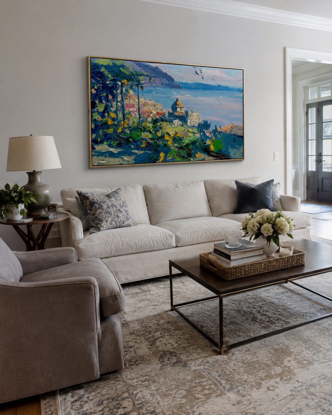 Customer photo review of Lemon Grove Coastline – Blue & Gold Coastal Village Painting | Coastal Mediterranean Living Room Wall Art