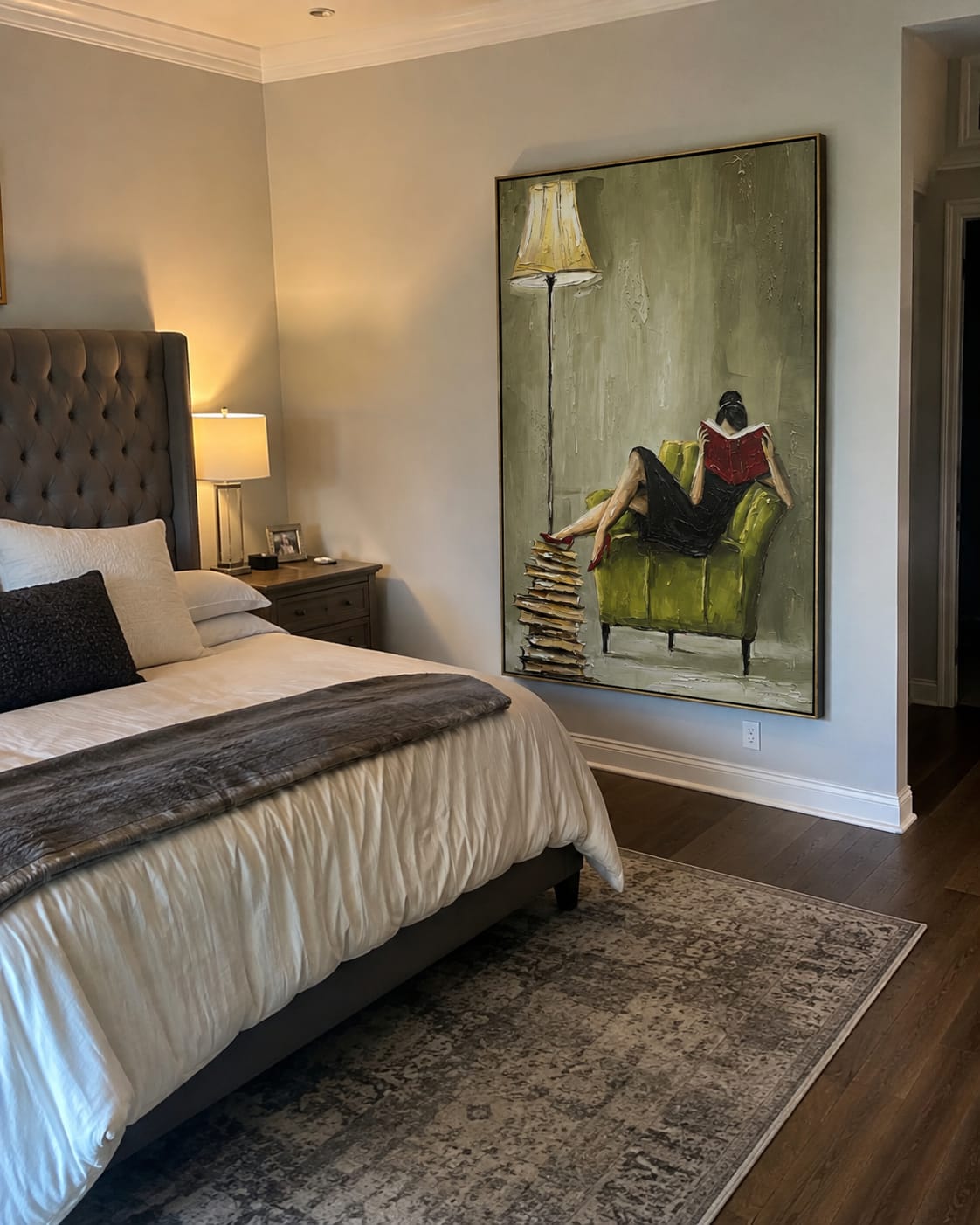 Customer photo review of Quiet Hour – Emerald Velvet Reading Nook Painting | Elegant Interior Living Room Art