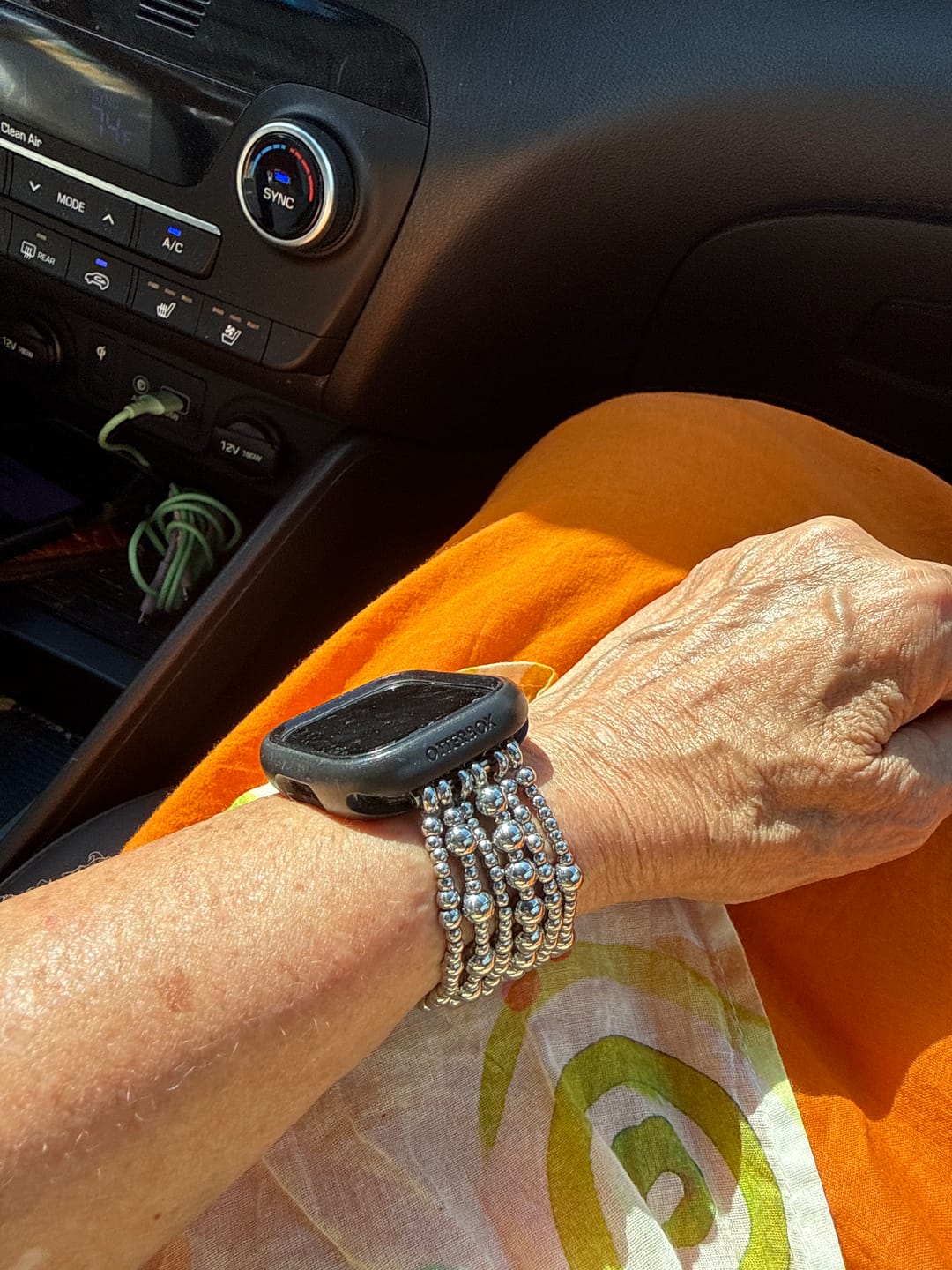 Customer photo review of Platinum Demure Stretch Apple Watch Strap