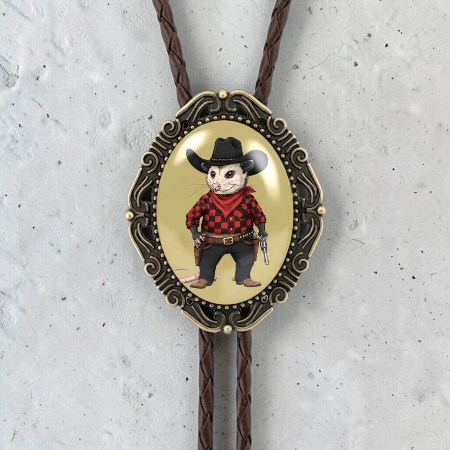 Customer photo review of Opossum Bolo Tie - Genuine Leather Western Gift